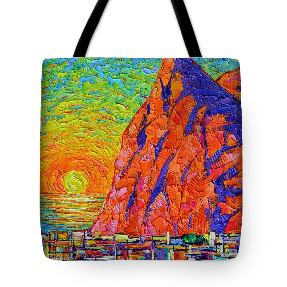 Gibraltar Tote Bag featuring the painting GIBRALTAR GLORIOUS SUNRISE abstract textural impasto palette knife oil painting Ana Maria Edulescu by Ana Maria Edulescu