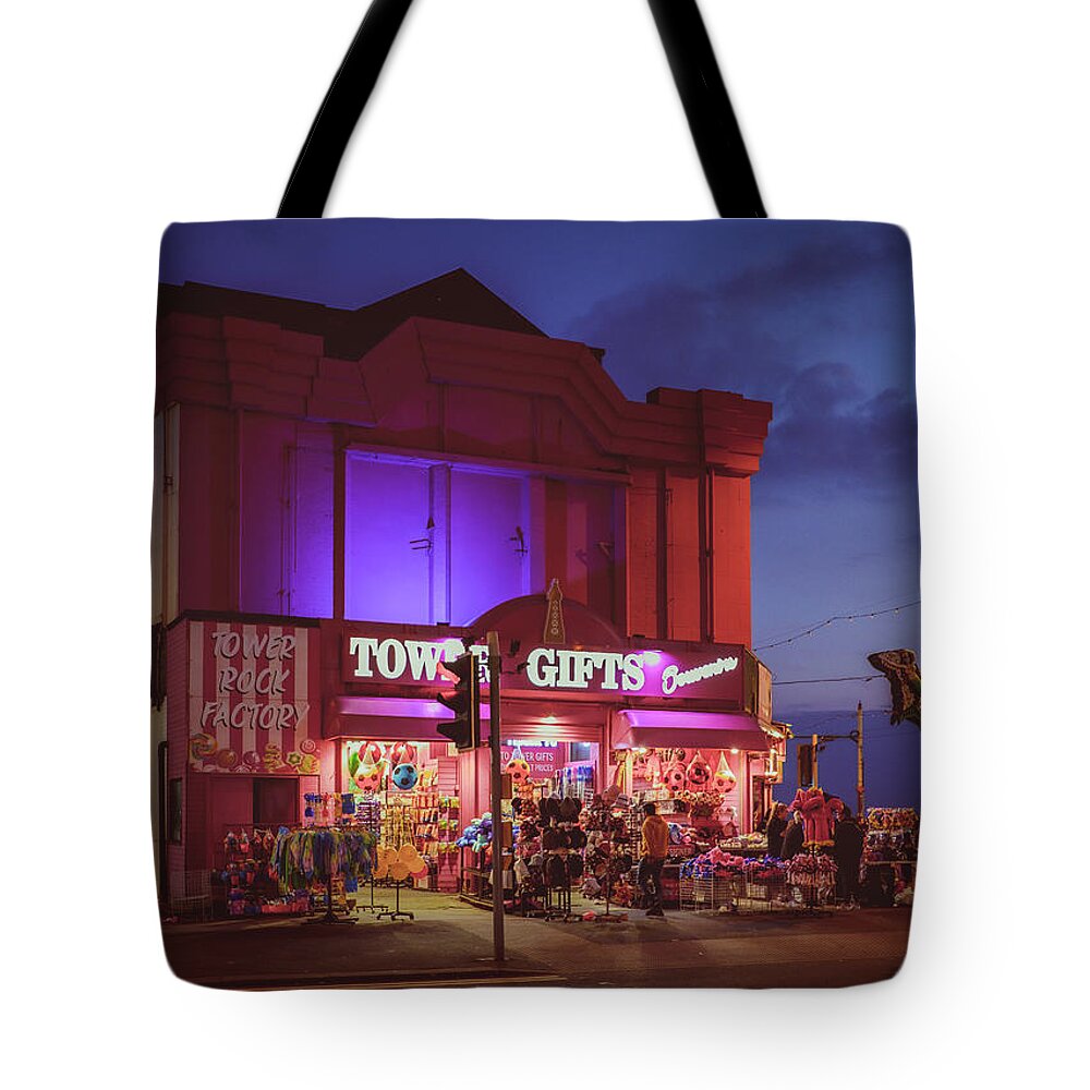 B-sides Tote Bag featuring the photograph Gift shop at night by Nick Barkworth
