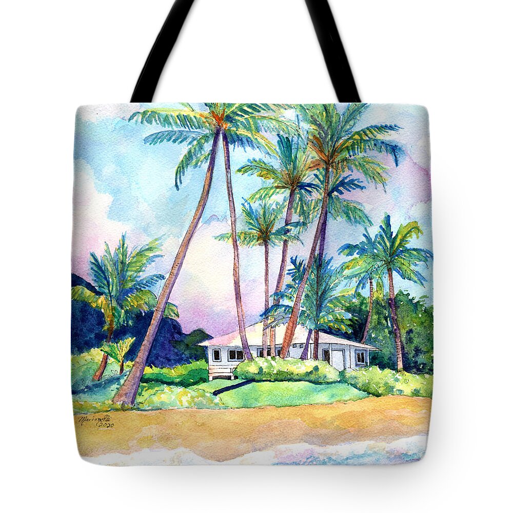 Kauai Art Tote Bag featuring the painting Gillin's Beach House by Marionette Taboniar