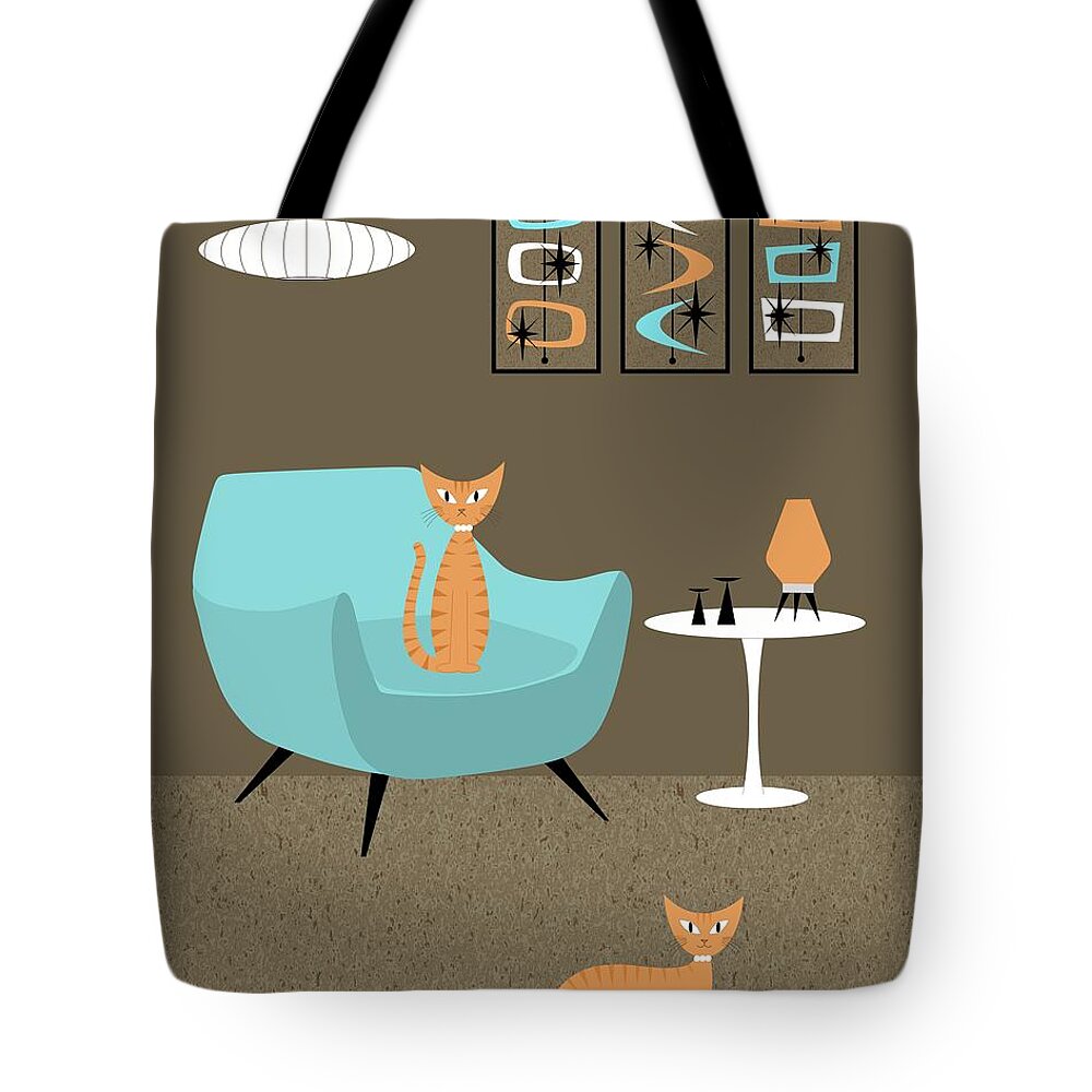 Mid Century Modern Room Tote Bag featuring the digital art Ginger Cat in Blue Chair by Donna Mibus