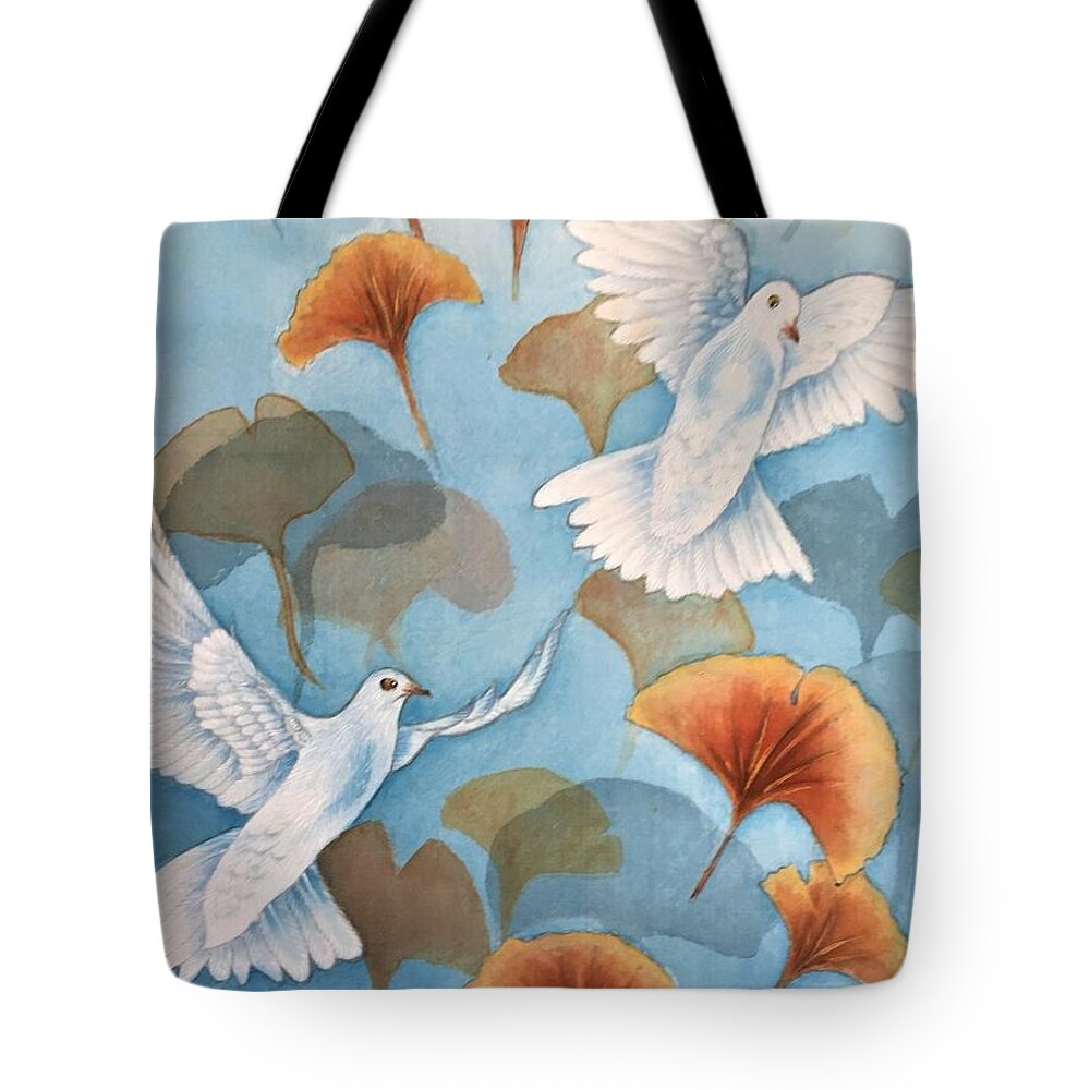 Ginkgo Tote Bag featuring the painting Ginkgo and Doves by Vina Yang