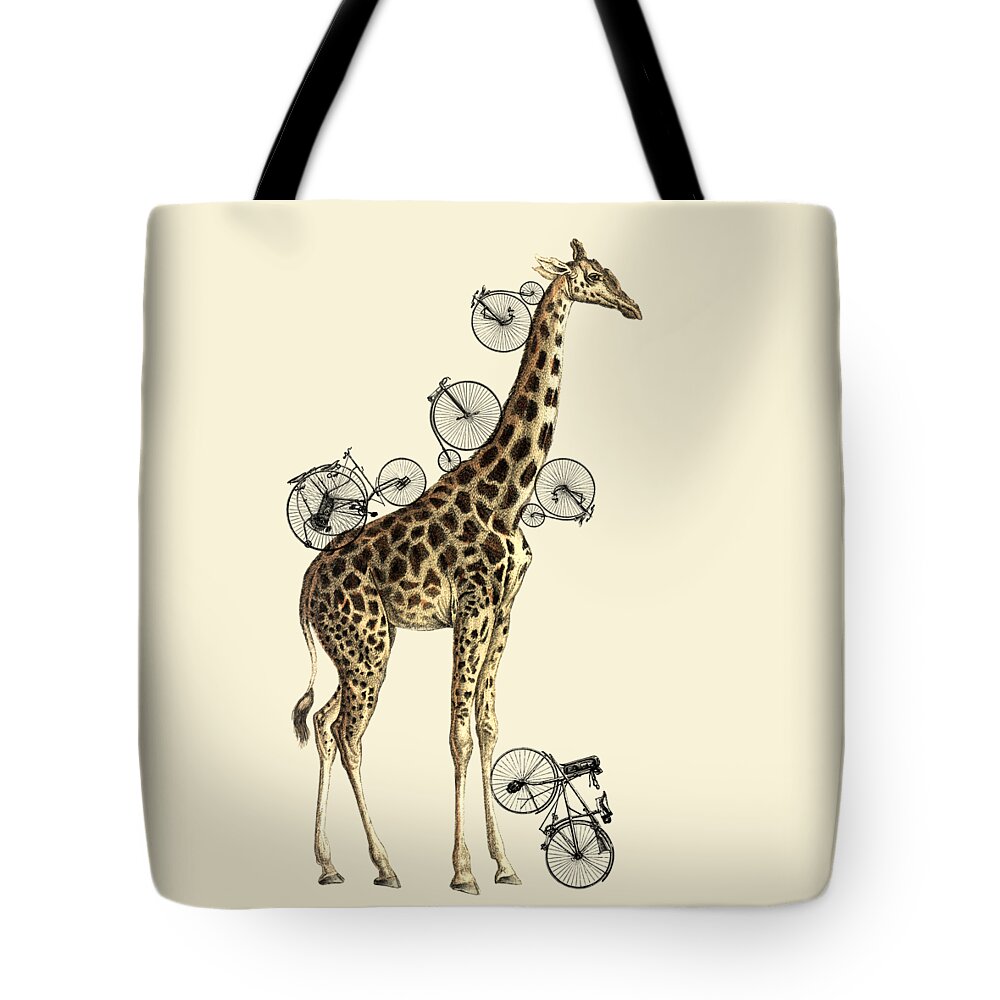 Giraffe Tote Bag featuring the digital art Giraffe and bicycles by Madame Memento
