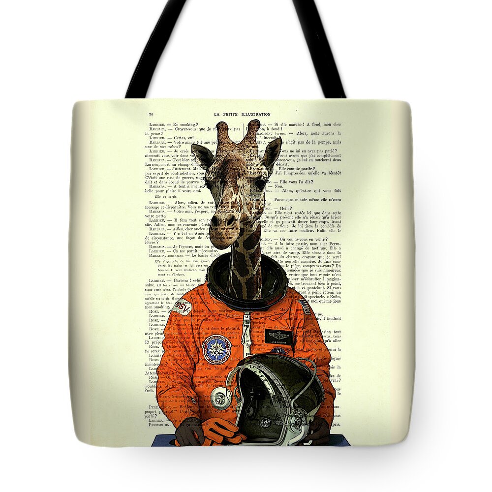 Giraffe Tote Bag featuring the digital art Giraffe astronaut, fantasy animal art by Madame Memento