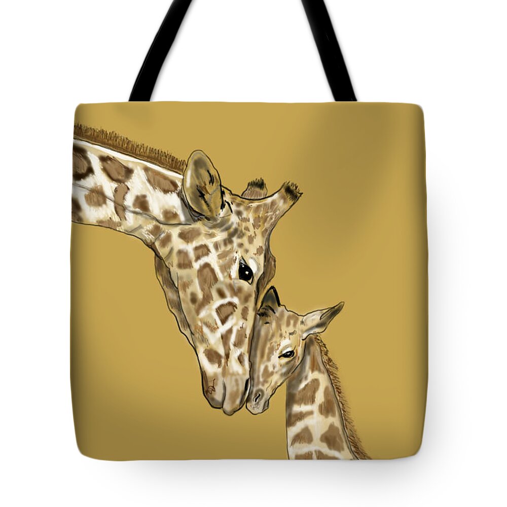 Nature Tote Bag featuring the mixed media Giraffe Mom and Baby by Judy Cuddehe