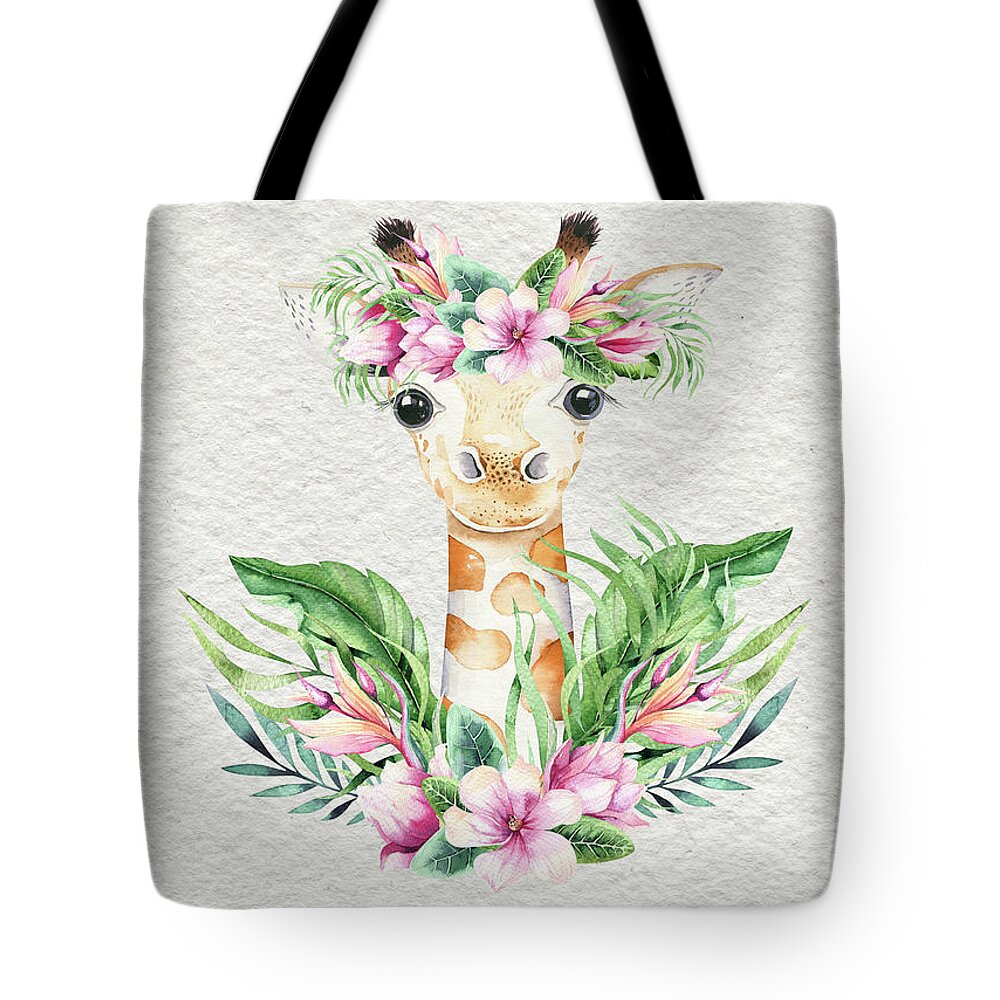 Giraffe Tote Bag featuring the painting Giraffe With Flowers by Nursery Art