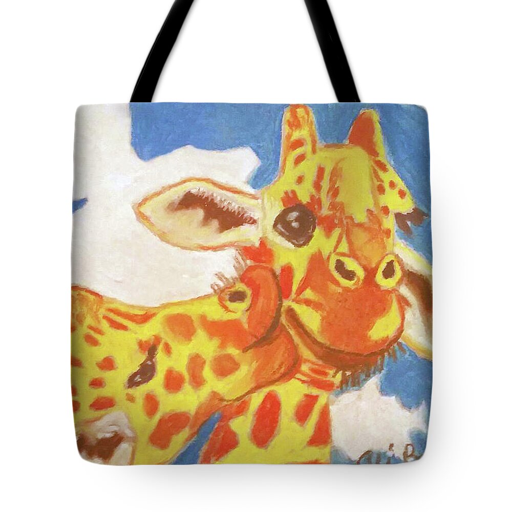 Giraffe Tote Bag featuring the pastel Two Giraffes, One Giraffe is Kissing Another on its Cheek by Ali Baucom