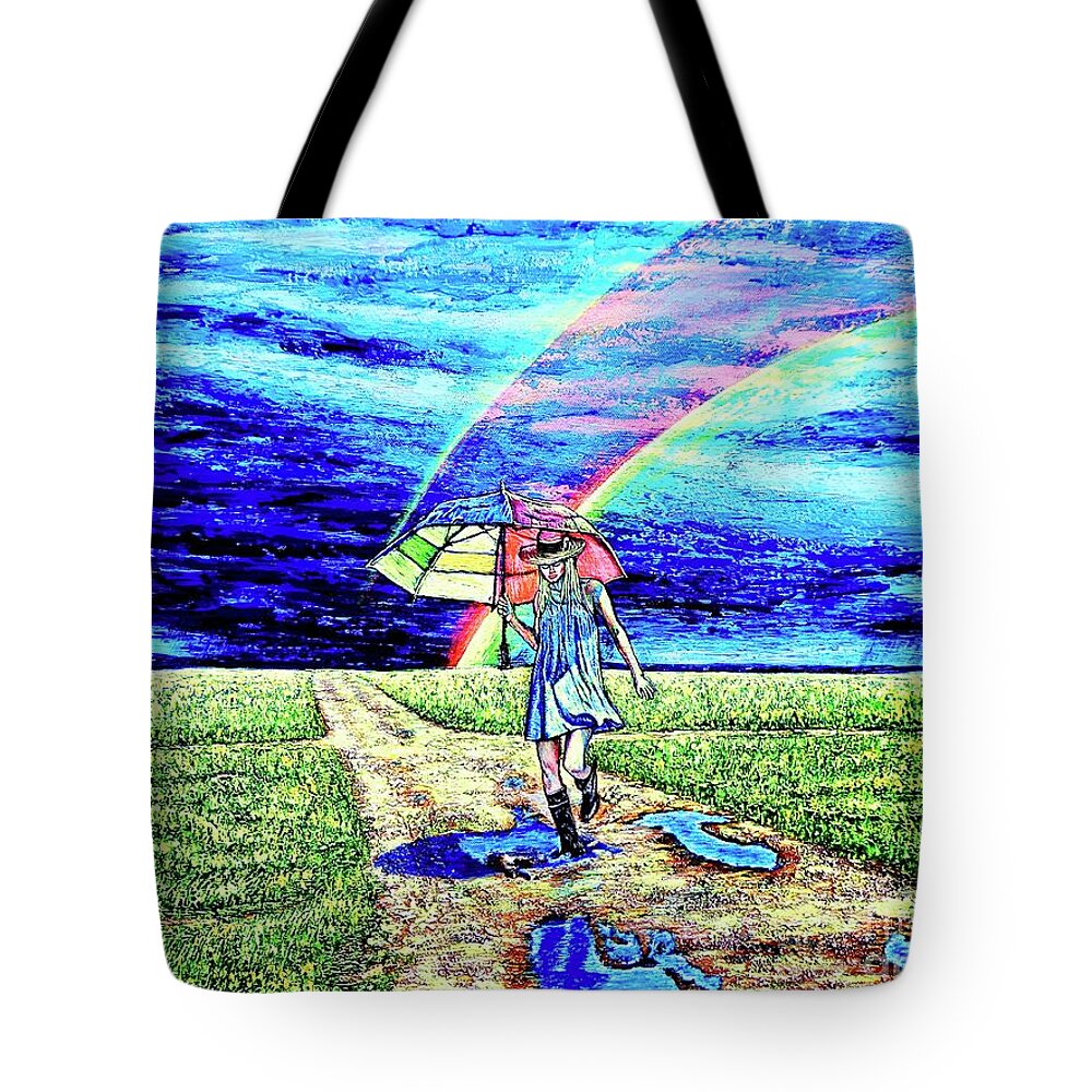 Landscape Tote Bag featuring the painting Girl And Puddle by Viktor Lazarev