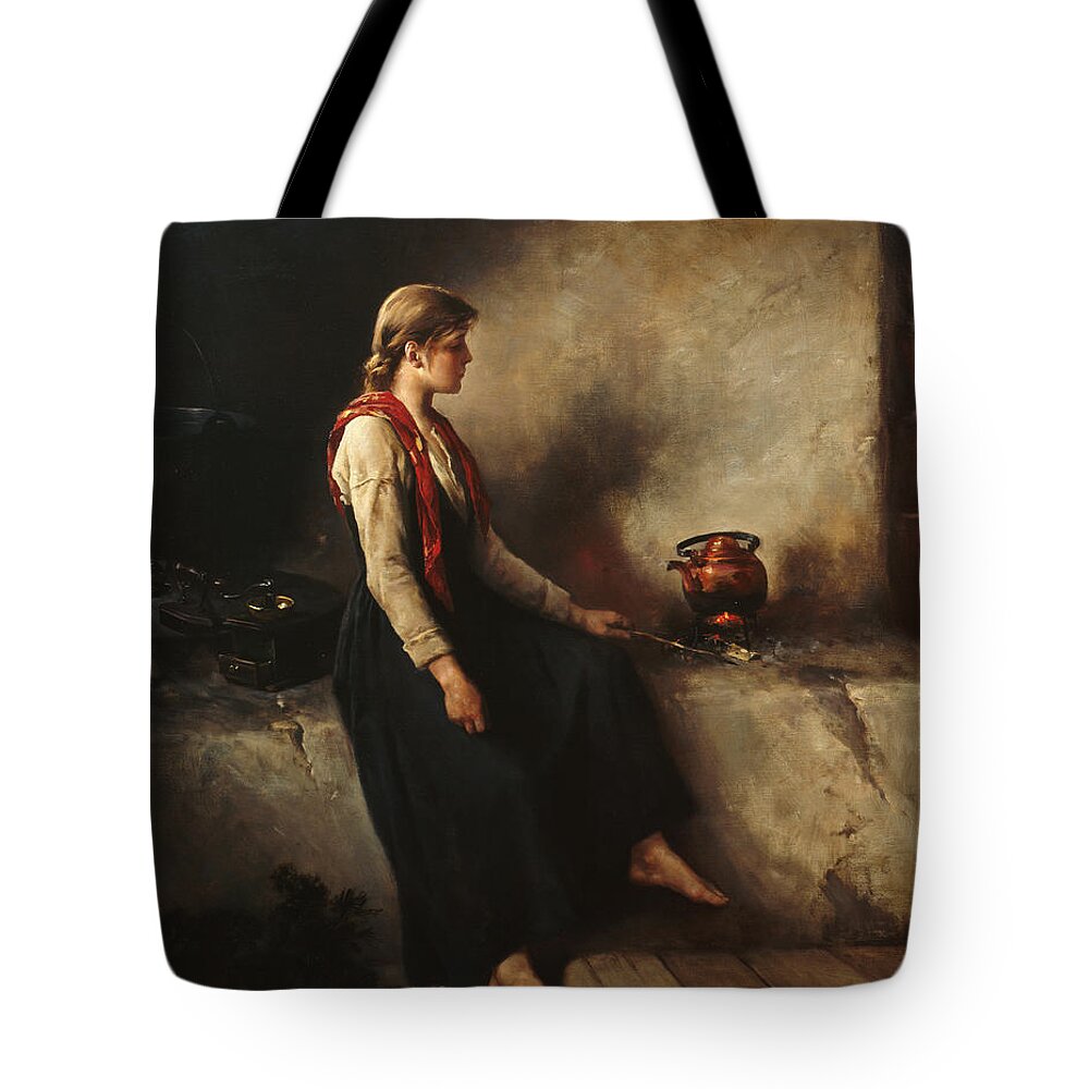 Axel Ender Tote Bag featuring the painting Girl by the fireplace by O Vaering by Axel Ender