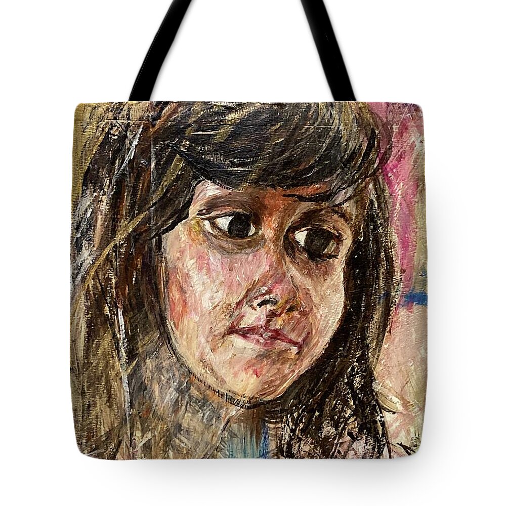 Portrait Of A Young Girl On Colorful Background. Part Of A Family Portraits Series. Tote Bag featuring the painting Girl by David Euler