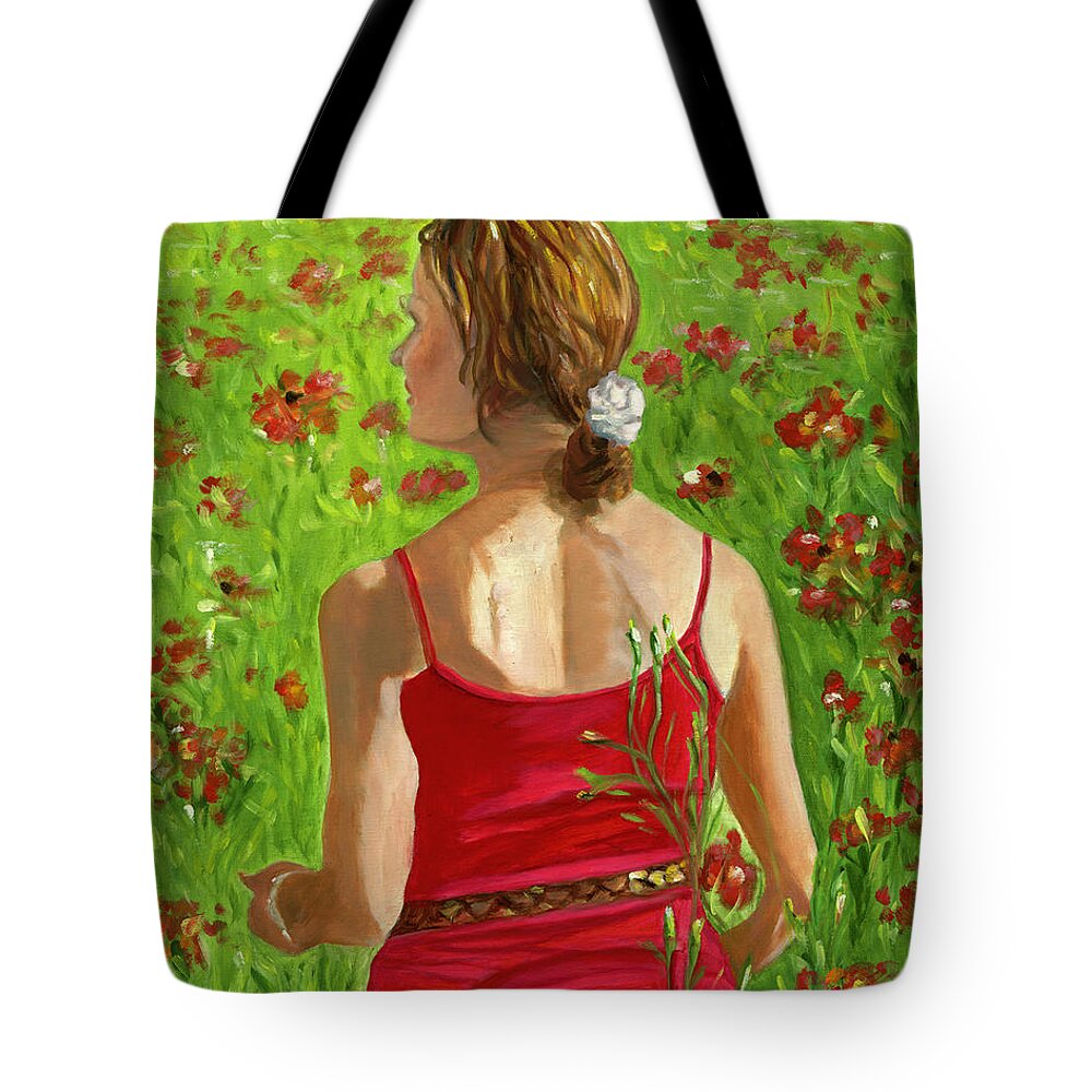 Woman Tote Bag featuring the painting Girl in Poppy Field by Juliette Becker