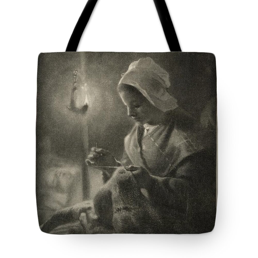 Girl Sewing By Lamplight 1911 Timothy Cole After Jean Francois Millet Tote Bag featuring the painting Girl Sewing by Lamplight 1911 Timothy Cole after Jean Francois Millet by MotionAge Designs