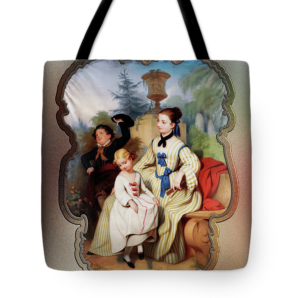 Girl Tote Bag featuring the painting Girl With A Fan And Two Children In Elegant Dress Remastered Retro Art Xzendor7 Reproductions by Rolando Burbon