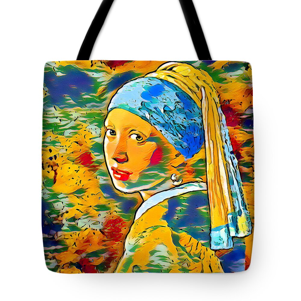 Girl With A Pearl Earring Tote Bag featuring the digital art Girl with a Pearl Earring by Johannes Vermeer - dark blue, orange, and green, colorful recreation by Nicko Prints