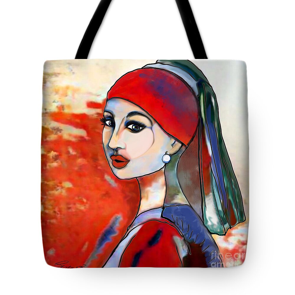 Figurative Art Tote Bag featuring the digital art Girl with Pearl 001 by Stacey Mayer