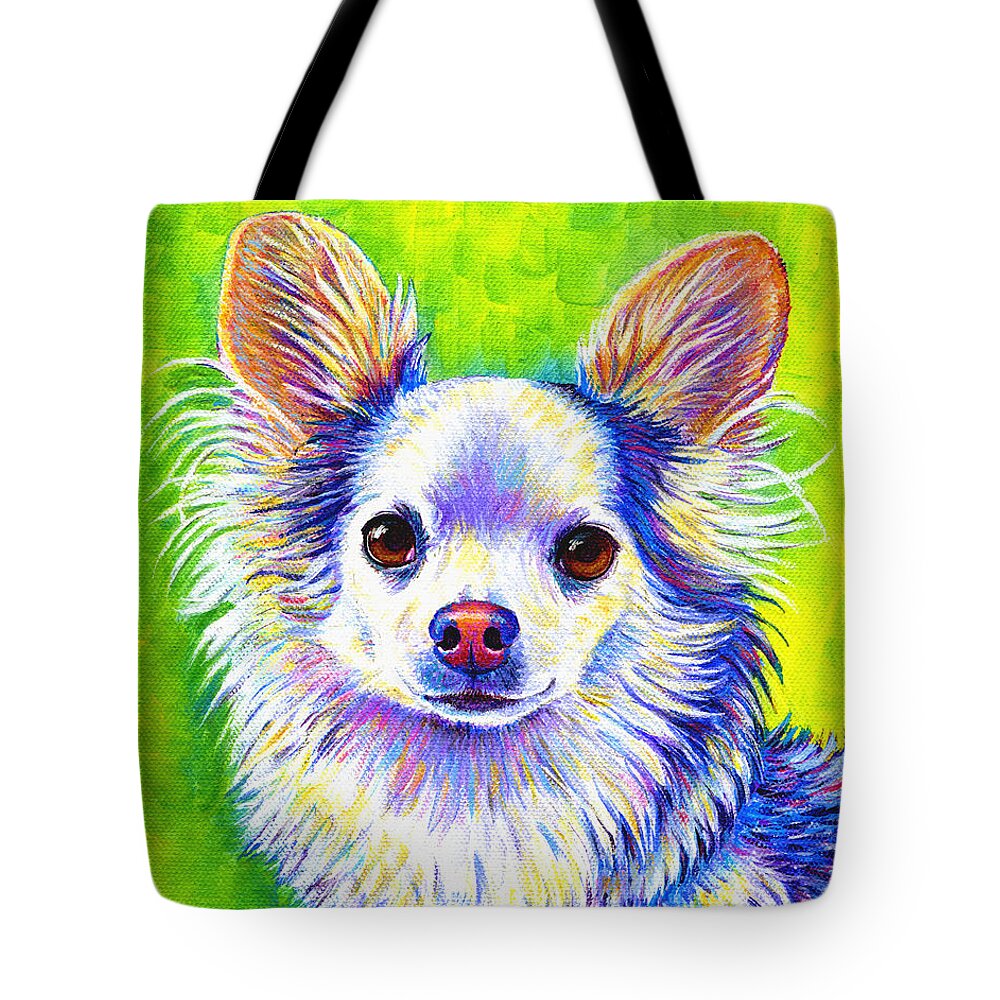 Chihuahua Tote Bag featuring the painting Colorful Cute Longhaired Chihuahua Dog by Rebecca Wang