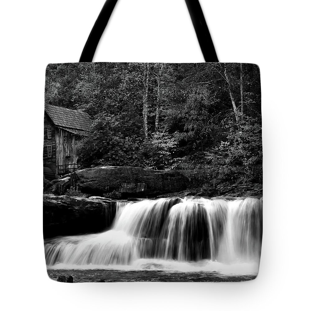 Glade Creek Tote Bag featuring the photograph Glade Creek Grist Mill Monochrome by Flees Photos