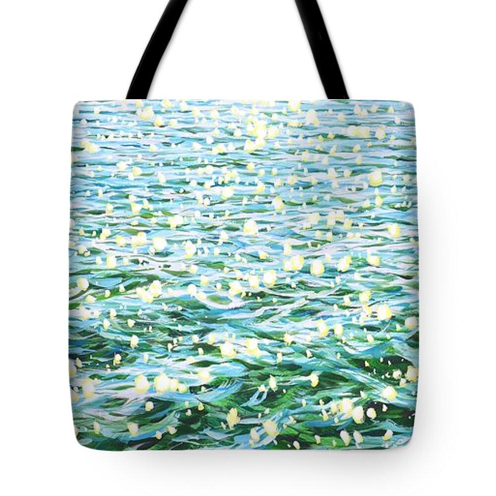 Glare Tote Bag featuring the painting Glare in emerald water. by Iryna Kastsova