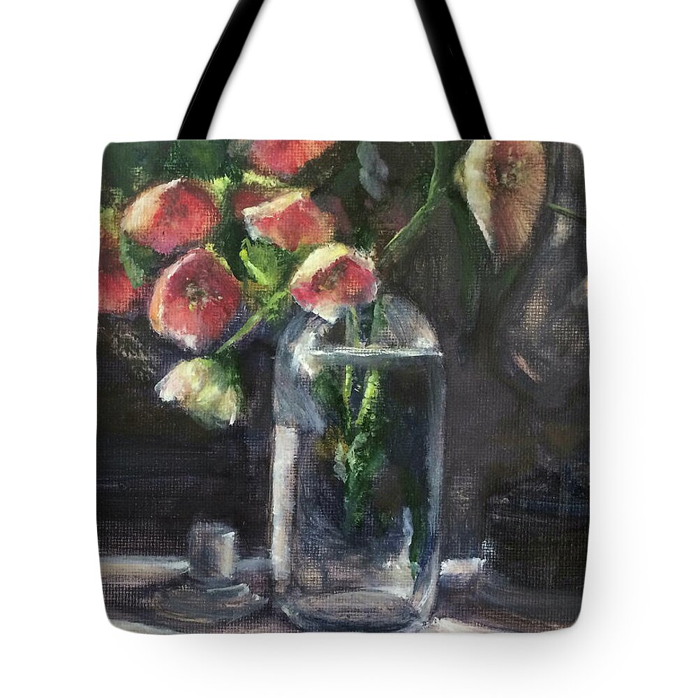 Flowers Tote Bag featuring the painting Glass Bottle, candle and Lantern by Lizzy Forrester