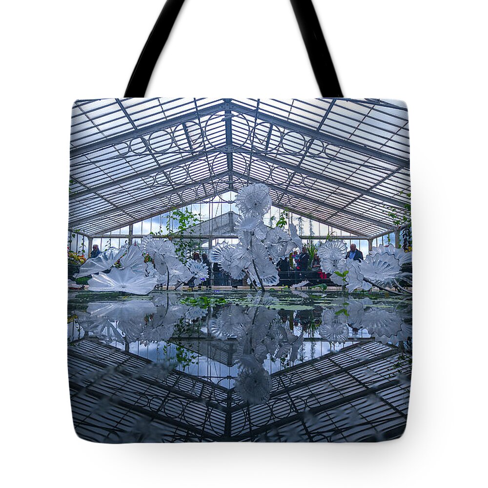 Glasshouse Tote Bag featuring the photograph Glass house reflection by Andrew Lalchan