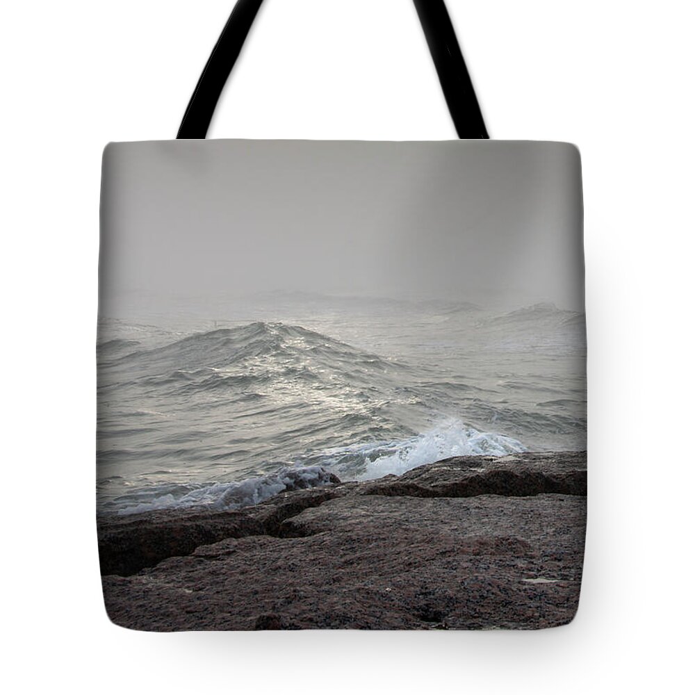 Water Tote Bag featuring the photograph Glistening Wave in Fog by Mary Lee Dereske