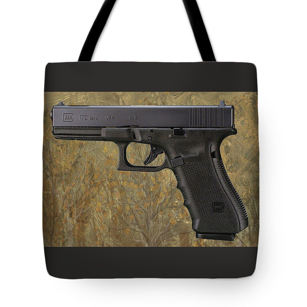 Glock 17 Tote Bag featuring the mixed media Glock 17 9mm Pistol Trees Texture by Movie Poster Prints