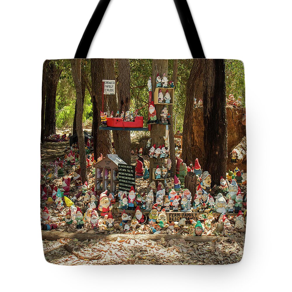 Gnomesville Tote Bag featuring the photograph Gnomes at Home by Elaine Teague