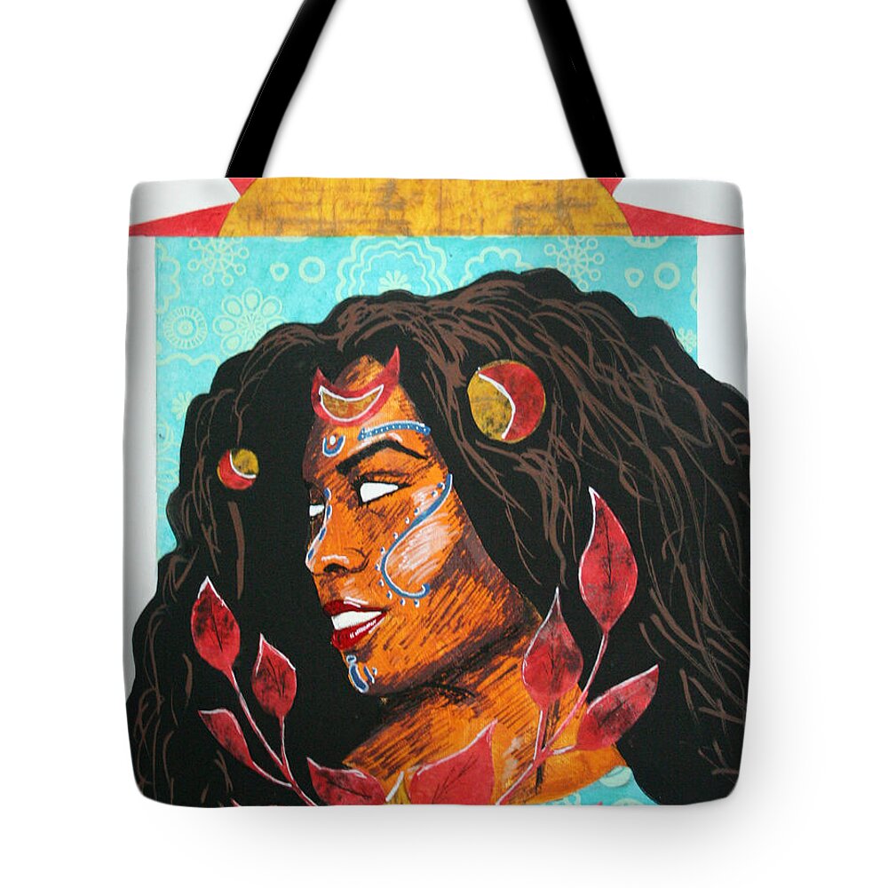 Black Tote Bag featuring the mixed media Goddess Amma the Creator by Edmund Royster