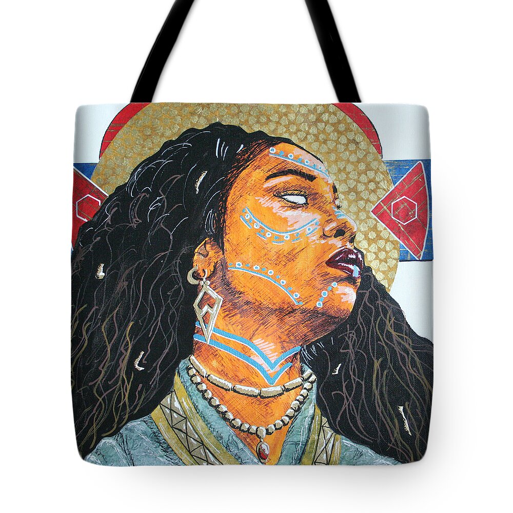 Black Tote Bag featuring the mixed media GoddessObba of The River by Edmund Royster