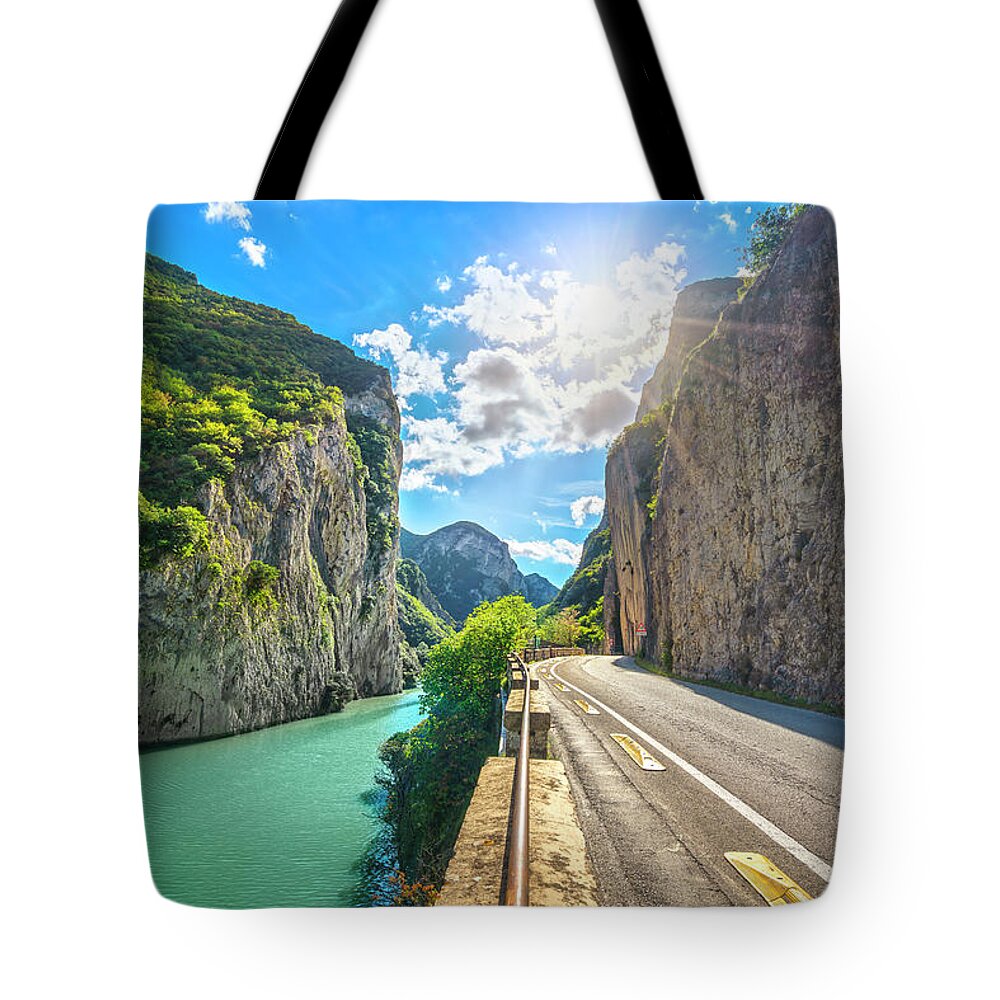 Furlo Tote Bag featuring the photograph Gola del Furlo, road, river and gorge by Stefano Orazzini