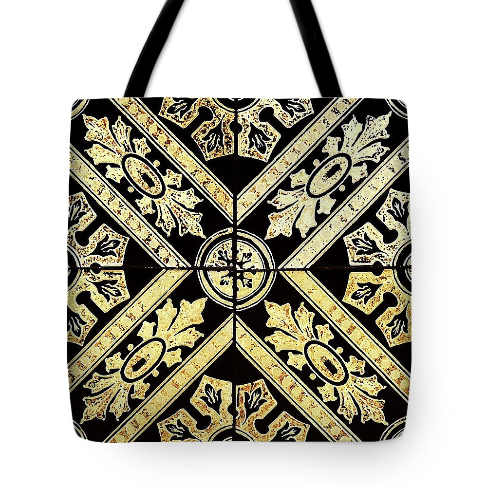 Gold Tiles Tote Bag featuring the digital art Gold On Black Tiles Mosaic Design Decorative Art IV by Irina Sztukowski