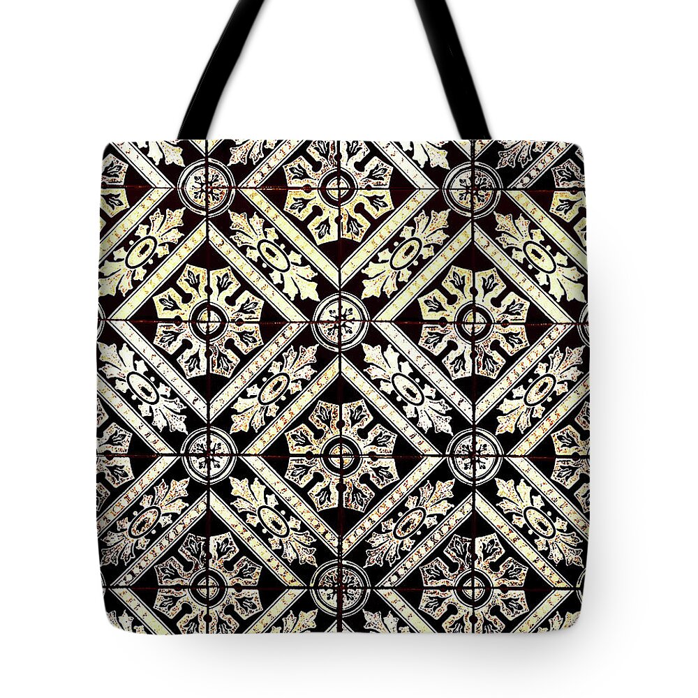 Gold Tiles Tote Bag featuring the digital art Gold On Black Tiles Mosaic Design Decorative Art VI by Irina Sztukowski