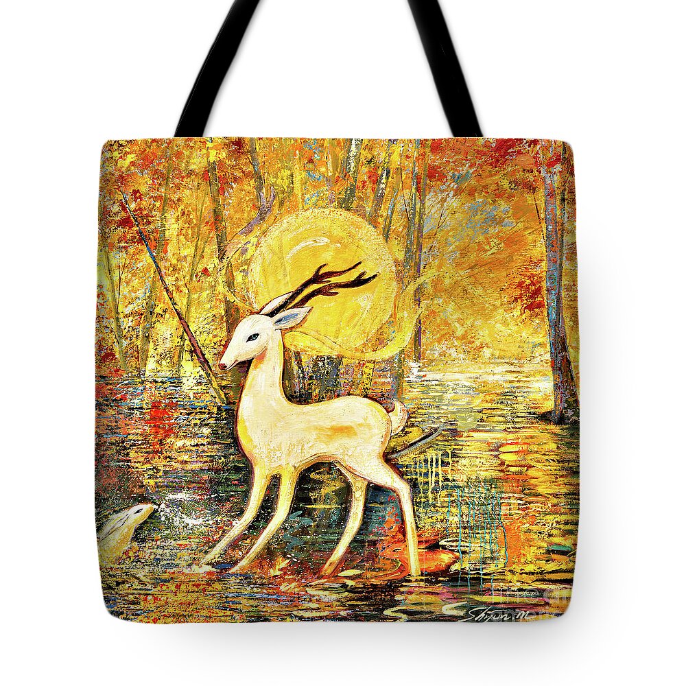 Deer Tote Bag featuring the painting Golden Autumn by Shijun Munns