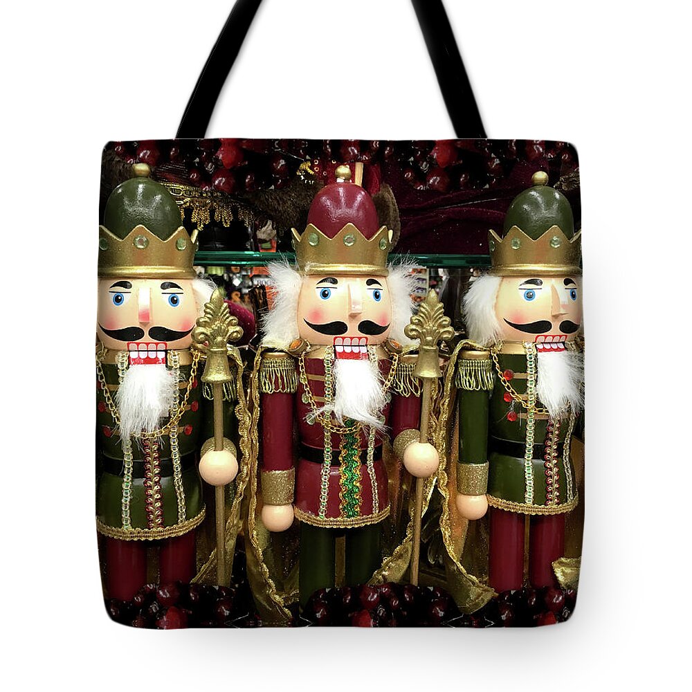 Nutcrackers Tote Bag featuring the mixed media Golden Christmas Nutcrackers by Gravityx9 Designs