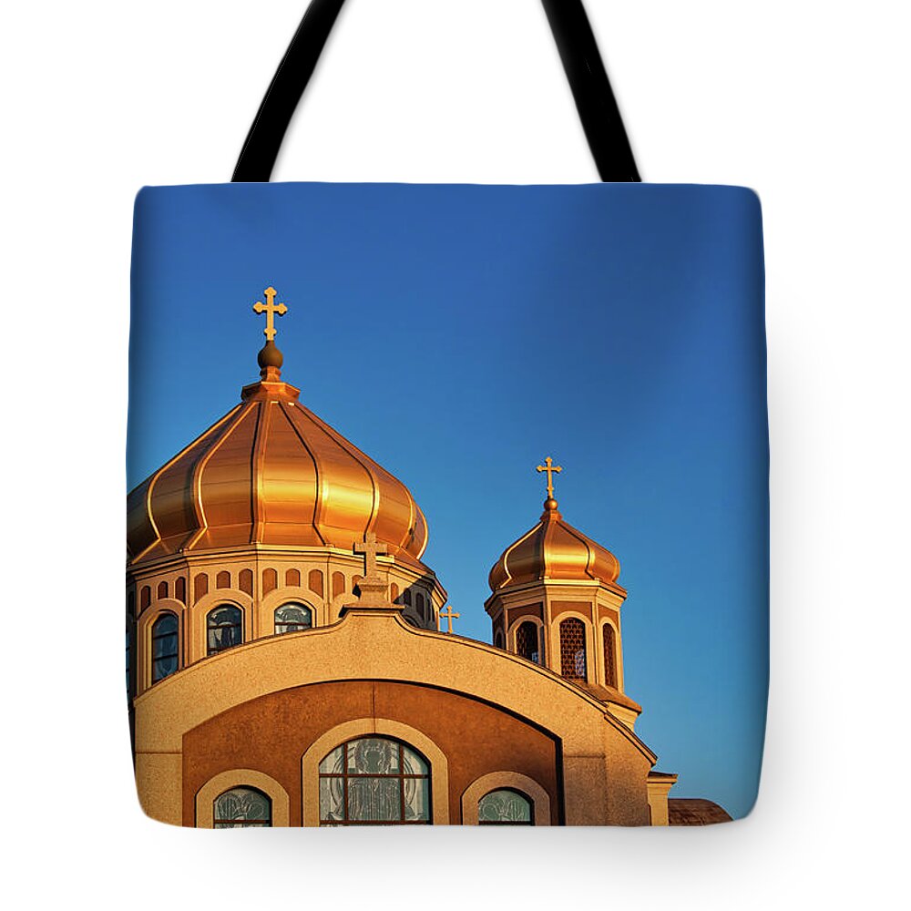 Church Tote Bag featuring the photograph Golden cupolas by Tatiana Travelways