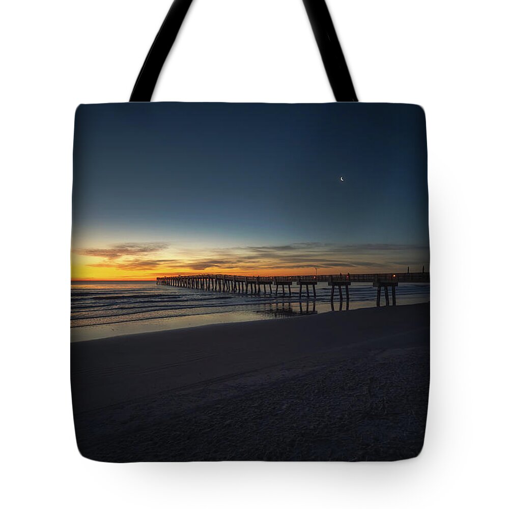 Jacksonville Beach Tote Bag featuring the photograph Golden Dawn Sunrise at Jacksonville Beach Pier by Kim Seng
