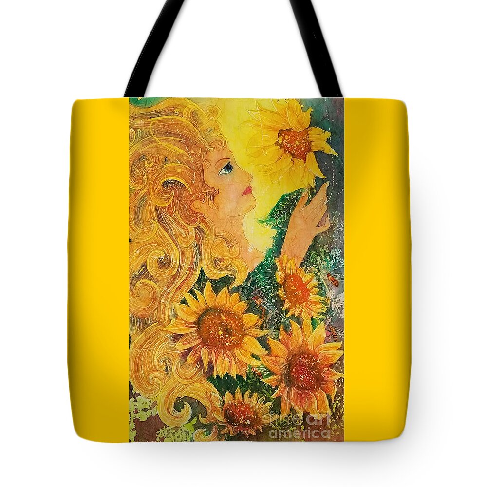 Sunflowers Tote Bag featuring the painting Golden Garden Goddess by Carol Losinski Naylor