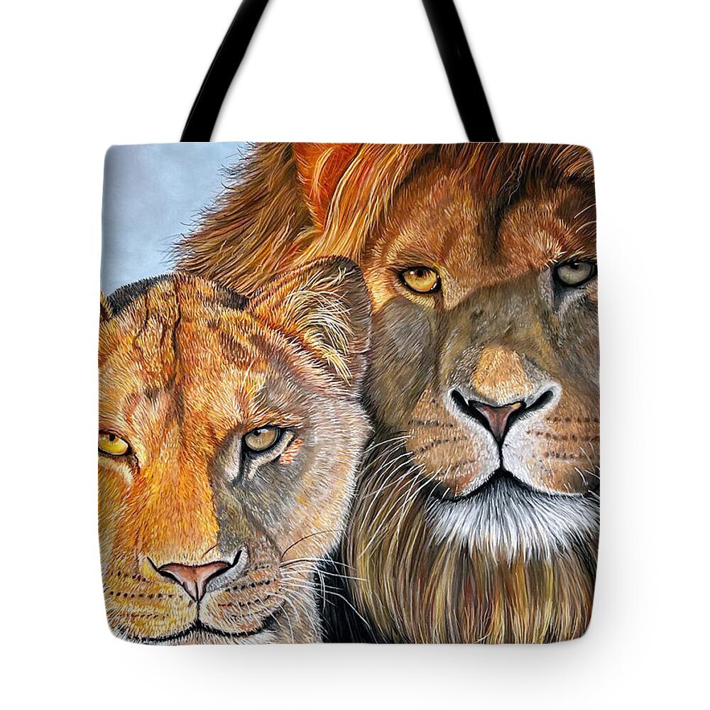 Lions Tote Bag featuring the pastel Golden Hour by Mark Ray