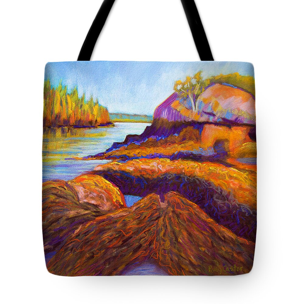 Maine Tote Bag featuring the painting Golden Hour on Hendrick's Head Beach by Polly Castor