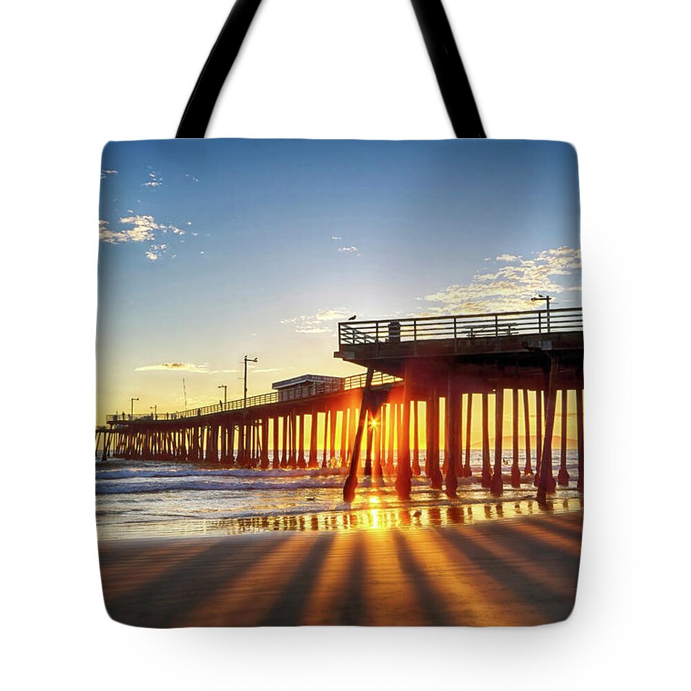Pismo Beach Tote Bag featuring the photograph Golden Lightshow by Beth Sargent