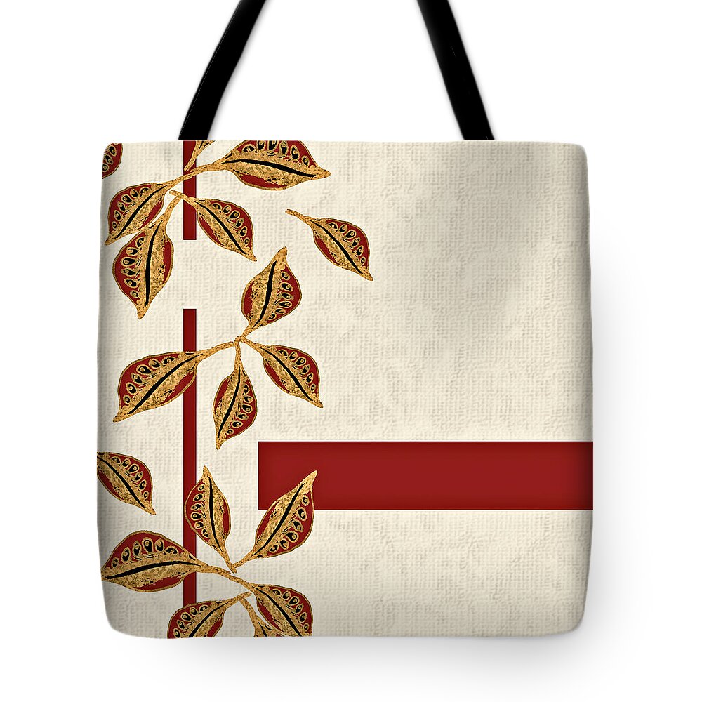 Gold Tote Bag featuring the digital art Golden Seed Pods Red Bar by Sand And Chi