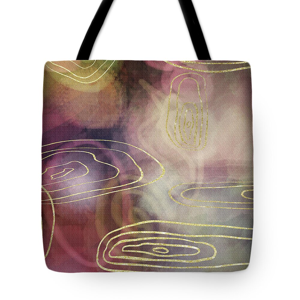 Contemporary Tote Bag featuring the painting Golden Spheres And Lines Soft Warm Calm Glow Decor IV by Irina Sztukowski