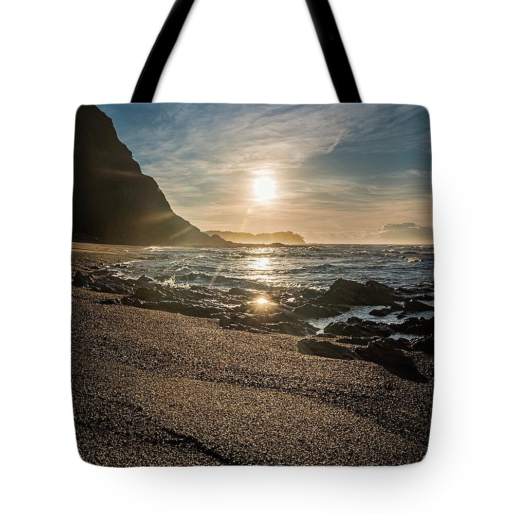 Central America Tote Bag featuring the photograph Golden sunlight reflection on sand beach at Punta Samara by Henri Leduc