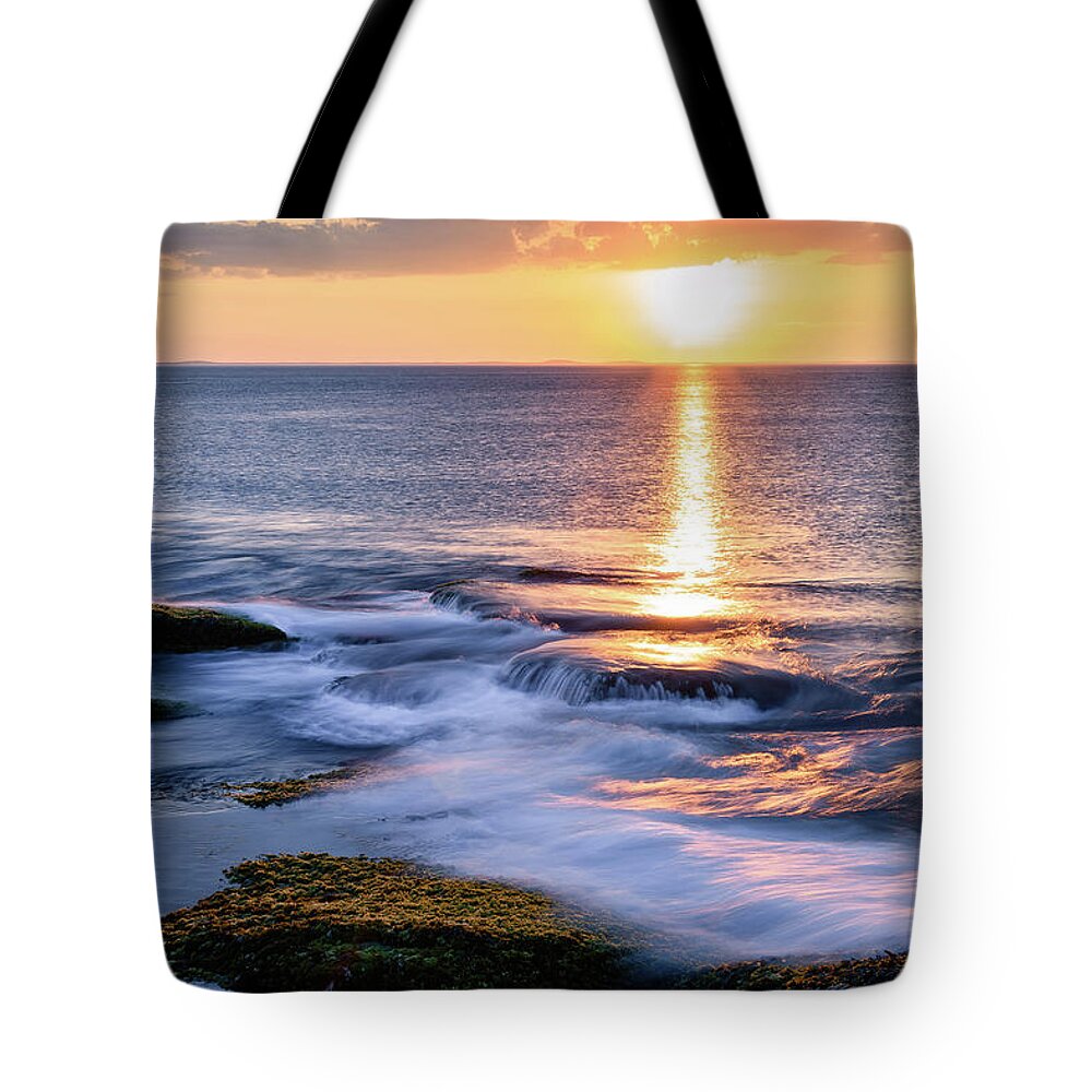 Golden Sunset Tote Bag featuring the photograph Golden Sunset, Halibut Pt. Rockport MA. by Michael Hubley