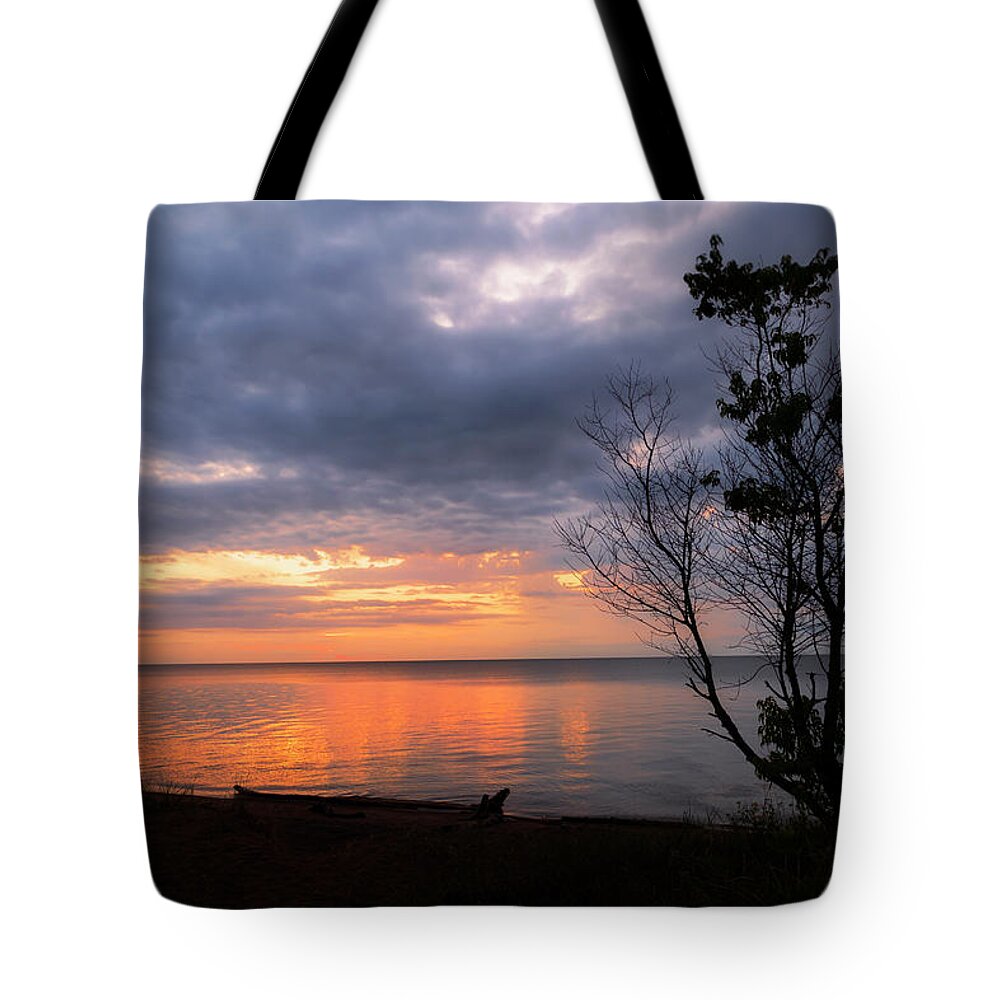 Sunset Tote Bag featuring the photograph Golden Sunset on Lake Superior by Sandra J's