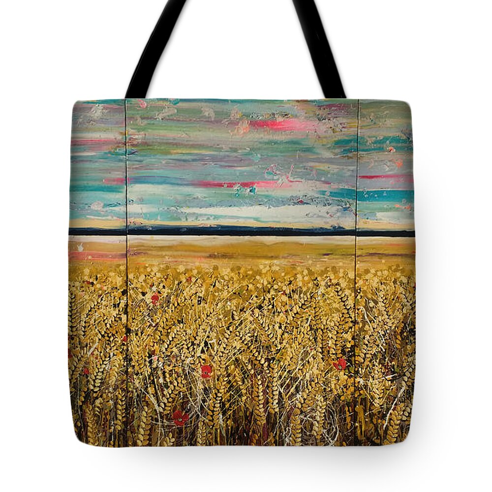 Flowers Tote Bag featuring the painting Golden Wheat Fields Triptych by Angie Wright