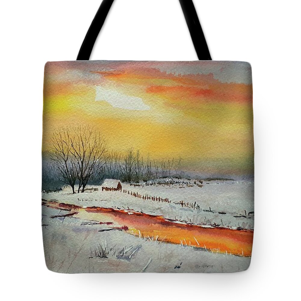 Winter Tote Bag featuring the painting Golden winter by Carolina Prieto Moreno