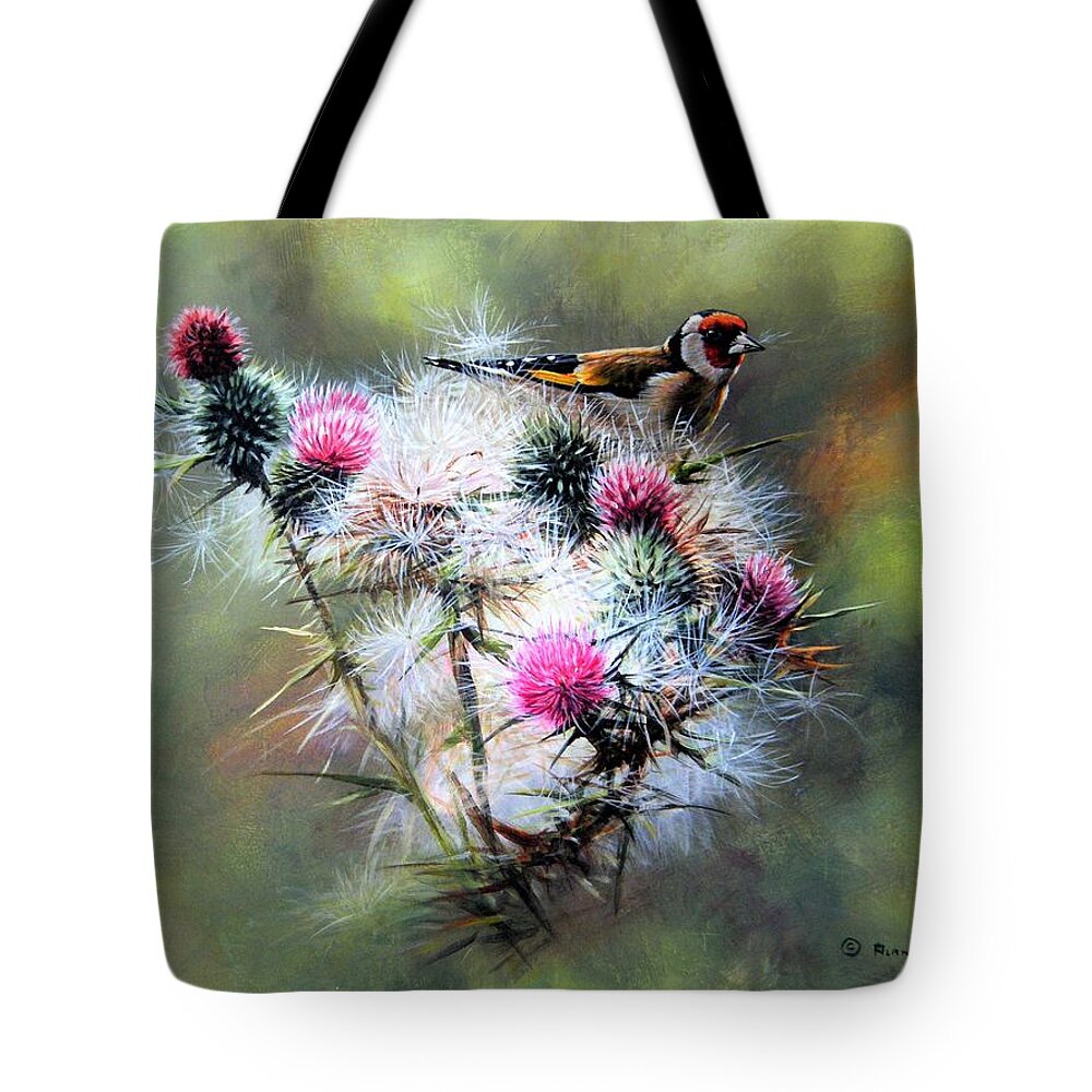 Goldfinch Tote Bag featuring the painting Goldfinch on a Thistle by Alan M Hunt
