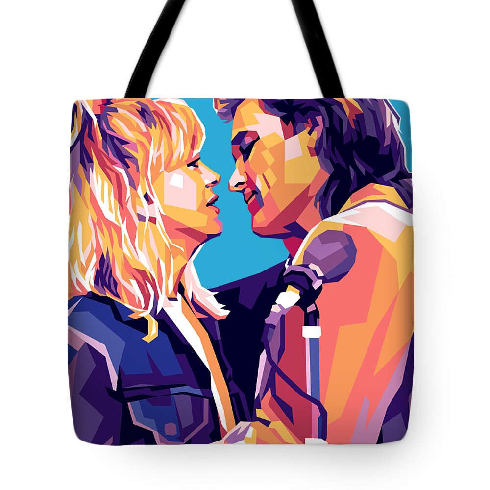Goldie Tote Bag featuring the mixed media Goldie Hawn and Kurt Russell by Stars on Art
