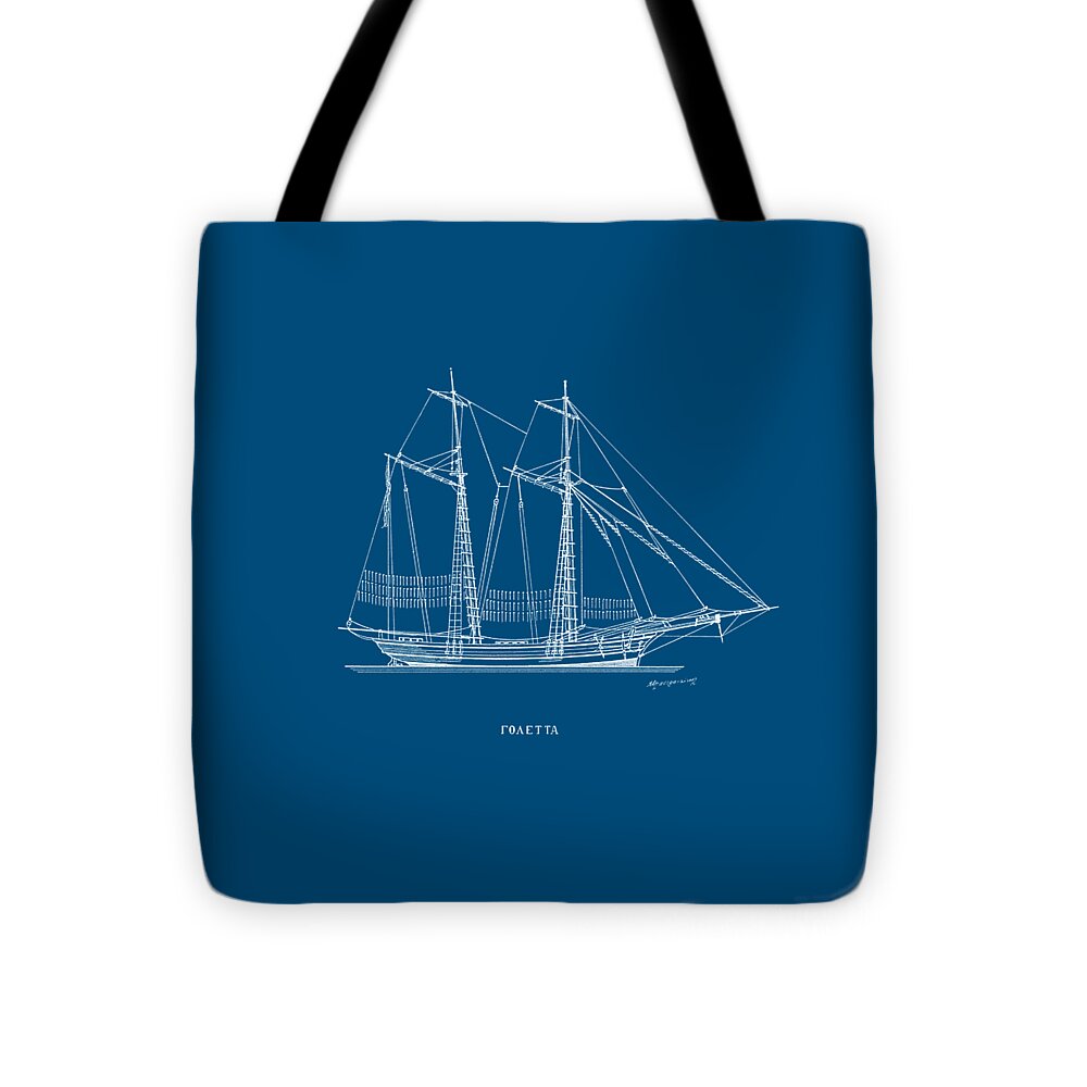 Sailing Vessels Tote Bag featuring the drawing Goleta - traditional Greek sailing ship - blueprint by Panagiotis Mastrantonis