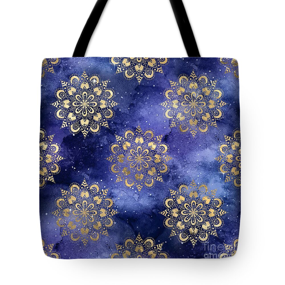 Watercolor Tote Bag featuring the digital art Goleva - Blue Gold Watercolor Mandala Galaxy Dharma Pattern by Sambel Pedes